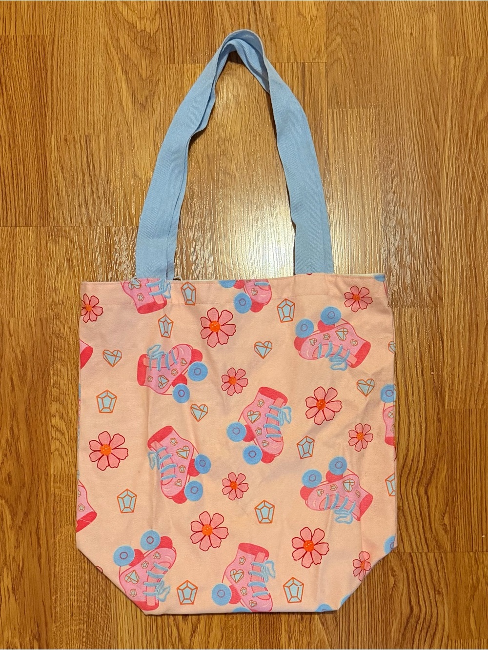 Pink Roller Skate Print Tote with Light Blue Handles
